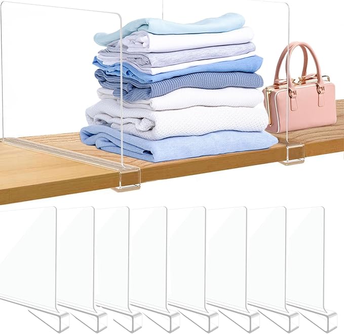 Acrylic Closet Shelf Dividers, Heavy Duty Organizer for Clothes, Handbags, Sweaters & Towels - Transparent Storage Solution for Kitchen Cabinets, Wardrobes & Home Shelving (8Pack)