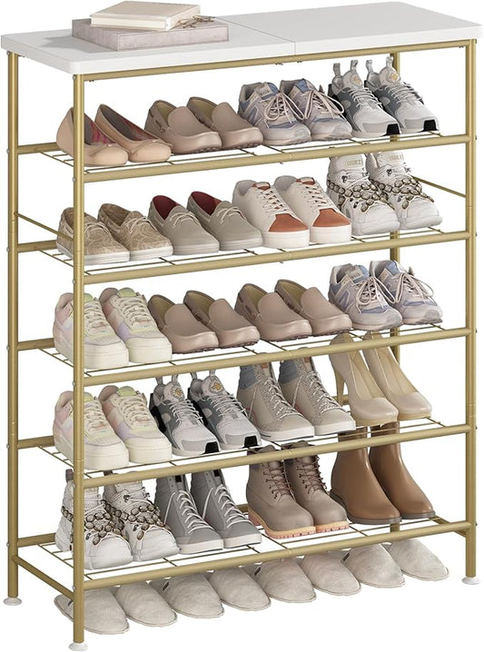 SUOERNUO Shoe Rack Organizer 6 Tier for Closet Entryway Free Standing Metal Storage Shoe Shelf with MDF Top Board，Gold