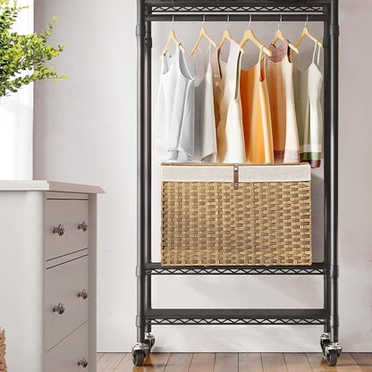 240L Wicker Storage Basket with Lid, Handwoven Rattan Large Shelf Basket with Removable Liner, 47.6 Gallon Wicker Basket for Blanket, Storage Trunk with Handle for Closet, Bedroom, Livingroom, Natural