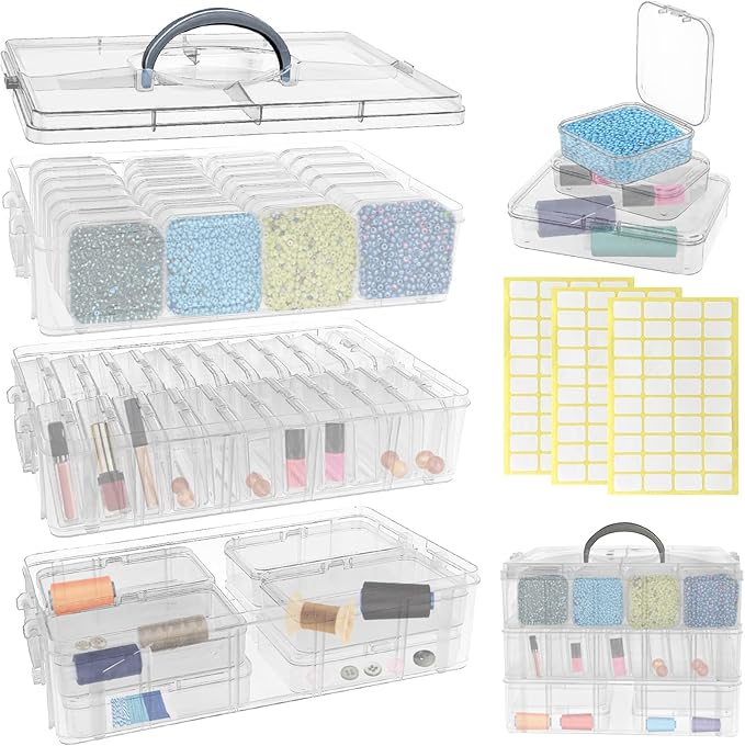 Guyuyii Bead Organizers and Storage with Labels and Handle - 58 Pcs Small Plastic Bins with Lids and 3-Tier Stackable Clear Bead Storage for Diamond Painting, Seed Beading & Jewelry Making (3 Sizes)