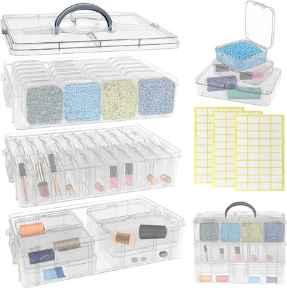 Guyuyii Bead Organizers and Storage with Labels and Handle - 58 Pcs Small Plastic Bins with Lids and 3-Tier Stackable Clear Bead Storage for Diamond Painting, Seed Beading & Jewelry Making (3 Sizes)