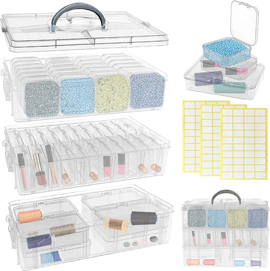 Guyuyii Bead Organizers and Storage with Labels and Handle - 58 Pcs Small Plastic Bins with Lids and 3-Tier Stackable Clear Bead Storage for Diamond Painting, Seed Beading & Jewelry Making (3 Sizes)