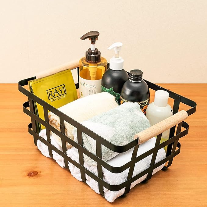 Farmhouse Baskets Wire Metal Baskets Storage Organizer Fruit Bin with Wood Handles for Pantry Cabinets Rustic Kitchen Counter Closet2 Pack - Black