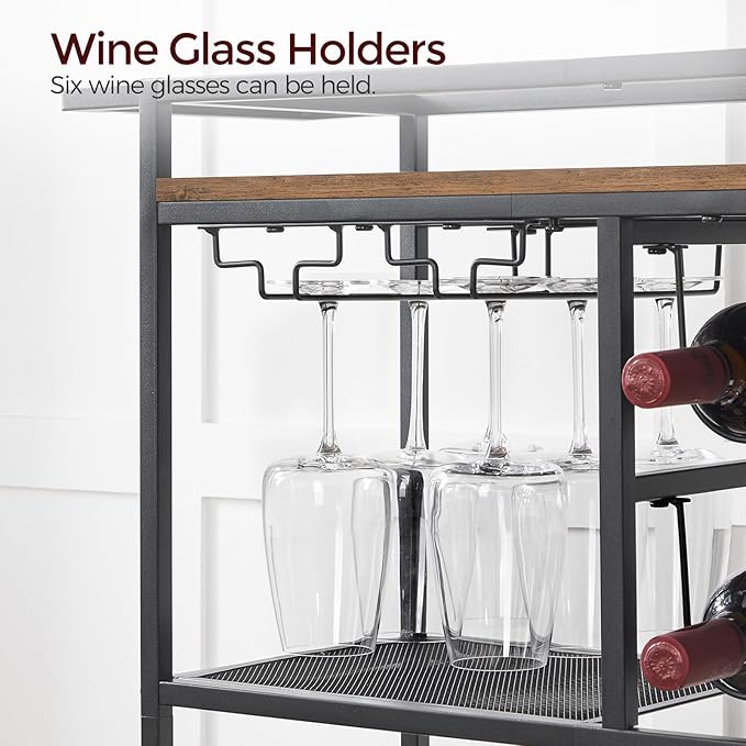 Bar Cart for Home, 3-Tier Serving Cart with Wheels and Handle, Beverage Cart with Wine Rack and Glass Holders, Rolling Wine Cart for Kitchen, Dining Room, Rustic Brown RCHR6101