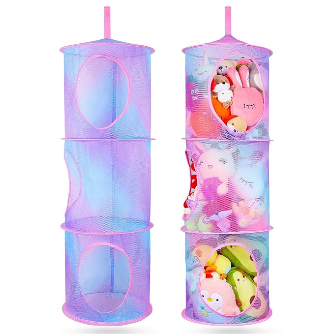 Basumee Stuffed Animals Net or Hammock 2 Pcs Stuffed Animals Storage Toy Net Hammock for Plushies Storage Organizer Mesh Kids Girls Room Decor, Blue and Purple, 3 Tiers