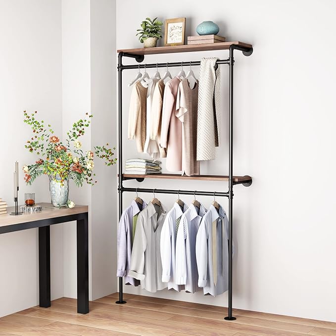 DR.IRON Industrial Pipe Clothing Racks with 2 Tier Shelves, Wall Mounted Black Clothes Rack with Double Hanging Rods Heavy Duty Garment Storage Rack Display Racks Rod for Clothes,Laundry Room