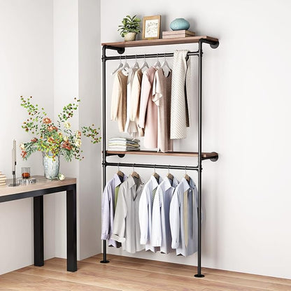 DR.IRON Industrial Pipe Clothing Racks with 2 Tier Shelves, Wall Mounted Black Clothes Rack with Double Hanging Rods Heavy Duty Garment Storage Rack Display Racks Rod for Clothes,Laundry Room
