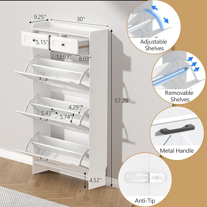 Shoe Cabinet with 3 Flip Drawers & 2 Storage Drawers, Rustic Farmhouse Narrow Shoe Organizer Cabinet, Slim Shoe Rack Cabinet, Shoe Storage Cabinet for Entryway, Hallway, Front Door