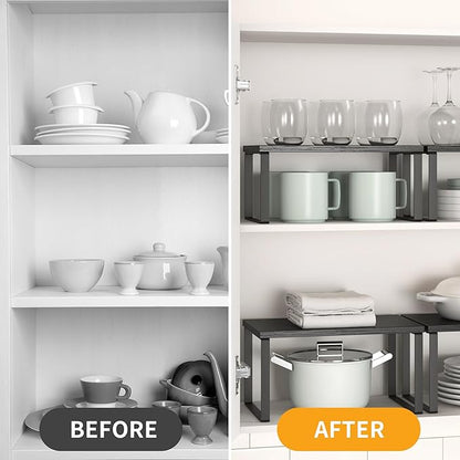 Selefrecos Kitchen Cabinet Organizer Shelf Set of 4, Sturdy Kitchen Counter Shelves with Metal Legs, Stackable Expandable Wood Spice Rack Pantry Cupboard Dish Mug Cup Storage Organizer Shelf, Black