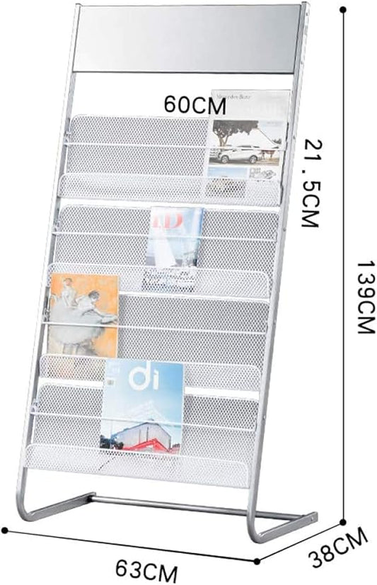 GENMO Floor-Standing Magazine Rack, Carbon Iron Steel, Silver, 4 Large Shelves, Convenient Installation, Suitable for Reception Areas