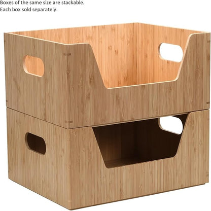 Bamboo Storage Box with Open Front Stackable Bin Organizer to use in kitchen pantries, cabinets and countertops, 14 x 11 x 6.5 inches