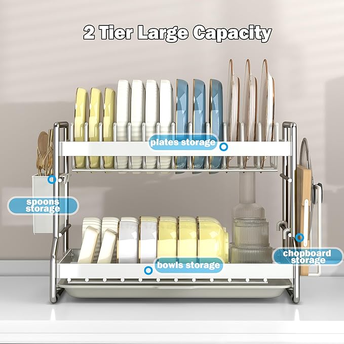 HOISIMDY 2 Tier Dish Drying Rack Dishes Organizer Rack Double Decker for Kitchen Counter