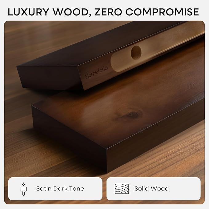Homeforia 24inch Walnut Floating Shelves for Wall, High End Solid Real Wood 24in Floating Shelf for Bathroom, Dark Brown 24 inch Long Floating Shelves, Heavy Duty Bracket, 24 X 6.5 X 1.75 in, Set of 3