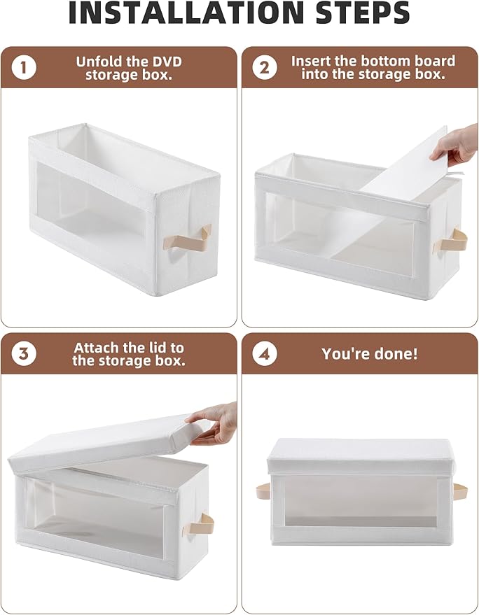4 Pack DVD Storage Box with Visible Window, Dustproof CD/DVD Case Holder Organizer Rack Can Hold Up to 104 DVD, Blu-ray & CD Storage, Stackable and Lid Design –White