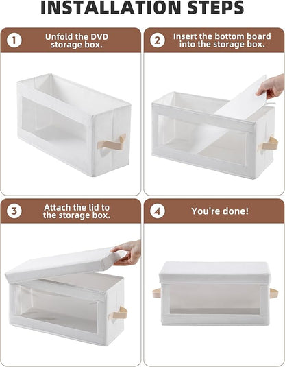 4 Pack DVD Storage Box with Visible Window, Dustproof CD/DVD Case Holder Organizer Rack Can Hold Up to 104 DVD, Blu-ray & CD Storage, Stackable and Lid Design –White