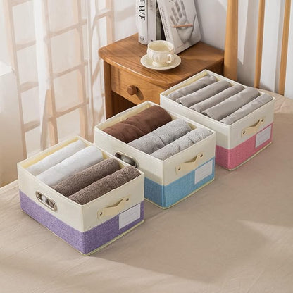 PRANDOM Large Fodable Storage Bins for Closet [3-pack] Decorative Fabric Storage Baskets Cubes with Leather/Metal Handles for Shelves Bedroom Living Room Purple&Cream (14.9x9.8x8.3 Inch)