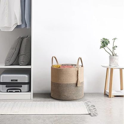 Mkono Woven Storage Basket Decorative Rope Basket Wooden Bead Decoration for Blankets,Toys,Clothes,Shoes,Plant Organizer Bin with Handles Living Room Home Decor, Yellow and Black, 16" W × 13.8"
