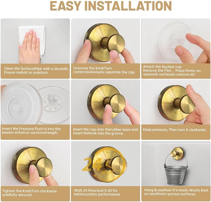 Zloeoa 4Pcs Suction Cup Hooks, Wreath Hangers for Front Door, Strong Hold No Drill Hangers for Bathroom, Kitchen, Glass, Tile, Perfect for Wreaths (Gold)