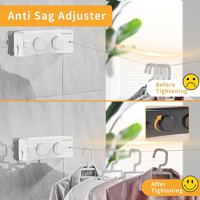 Retractable Clothesline Indoor & Outdoor, Non-Sagging Wall Mounted Drying Rack Clothesline, 16.7 Ft Stainless Steel Wire Double Clothes Lines, Hanging Clothes line for Balcony, Courtyards(White)