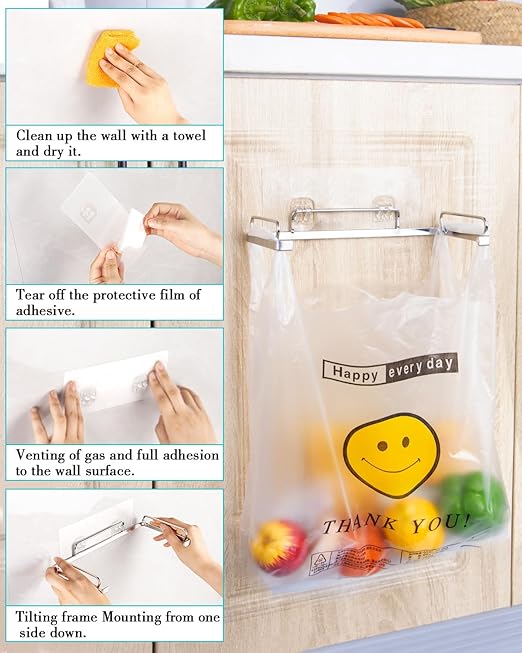 YQh Garbage Bag Holder Stainless Steel for Kitchen Cabinet Doors and Walls, Under Sink Plastic Bag Hooks, Kitchen Trash Can, Grocery Bag Holder, Front Opening Design, Easy to Pick and Place