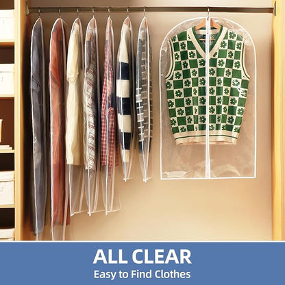 55" All Clear Garment Bags for Hanging Clothes, 12 Packs Dress Bags for Gowns, Plastic Waterproof Garment Covers with Zipper for Long Coats, Dresses, Trench (Set of 12)