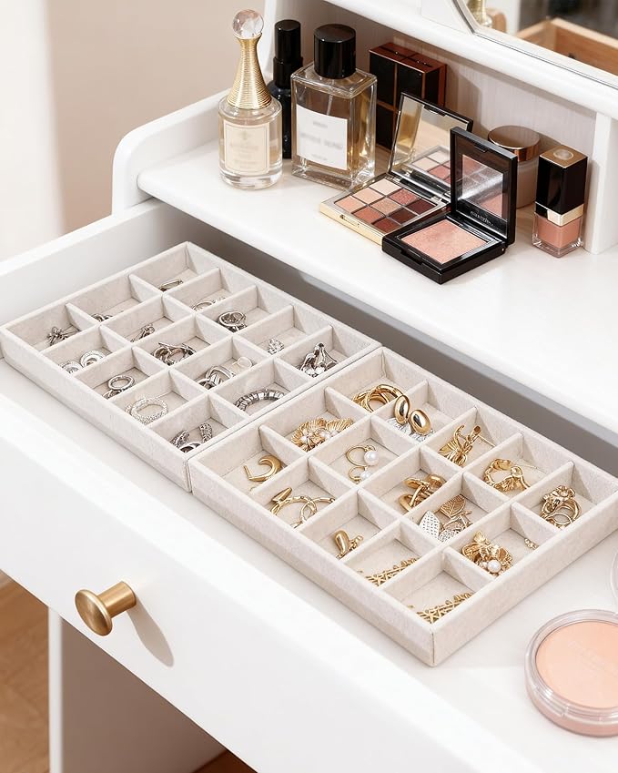 Teppdfann Stackable Jewelry Organizer Trays with Removable Dividers, 2-Tray Beige Jewelry Drawer Organizer Set for Earrings, Necklaces, Rings & Bracelets Gift for Her