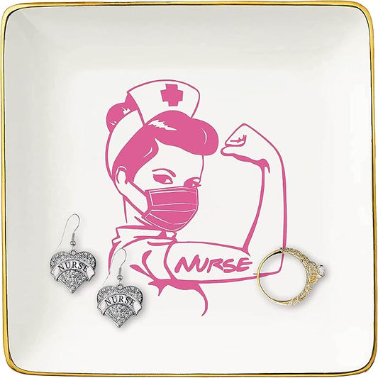 Topthink Funny Nurse Gift-Birthday,Graduation,Christmas,Nurse Life Theme,Registered Nurse Appreciation Gifts-RN,Nursing Student Presents- Ceramic Jewelry Holder Ring Dish Trinket Tray