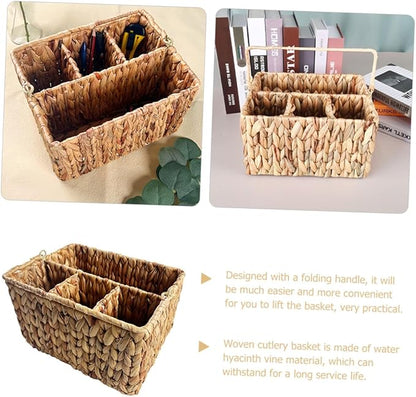 Divided Cutlery Holder Utensil Organizer Basket for Kitchen and Bathroom Storage with Handle for Spoons and Forks Practical Woven Design