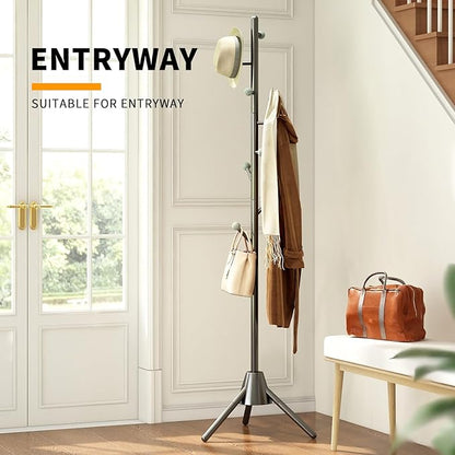 Anti-Tip Coat Rack with 8LB Weighted Base, Heavy Duty Metal Coat Rack Freestanding with 8 Hooks, 3 Adjustable Height Sturdy Clothes Rack Space Saving Organizer Stand for Entryway, Bedroom, Office