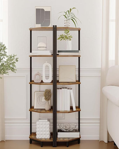 Corner Shelf Stand, Corner Bookshelf, Storage Standing Shelf Unit with Metal Frame, Plant Stand, Corner Bookcase for Living Room, Home Office, Bedroom, 5-Tier Rustic Brown CS05901B