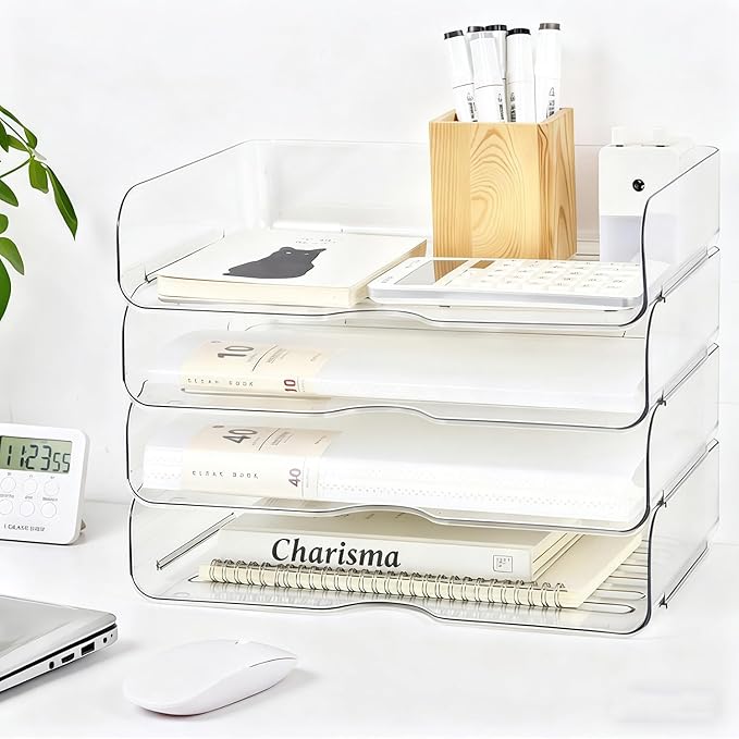 4-Tier Large-Capacity Paper Organizer, Clear Stackable Desk Organizer & Acrylic Paper Tray, Transparent & Easy Access,Desk File Organizer for Home Office & School