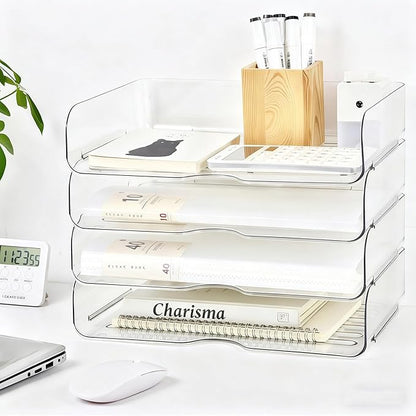 4-Tier Large-Capacity Paper Organizer, Clear Stackable Desk Organizer & Acrylic Paper Tray, Transparent & Easy Access,Desk File Organizer for Home Office & School