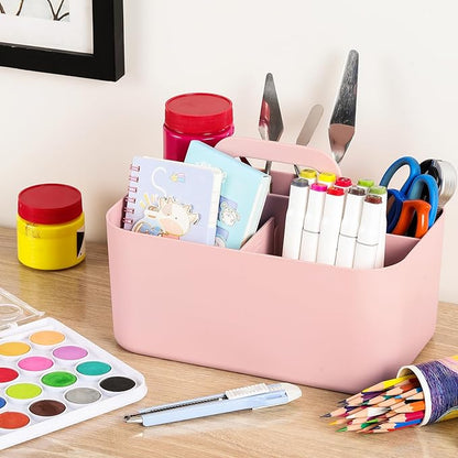 Multiuse Caddy Organizer with Handle - Stackable Plastic Tote Bin - Art Craft Supplies, Office, Desk, Stationery Pen Holder, Kitchen, Utensil, Makeup, Bathroom, Shower, Cleaning, Dorm Organizer - Pink