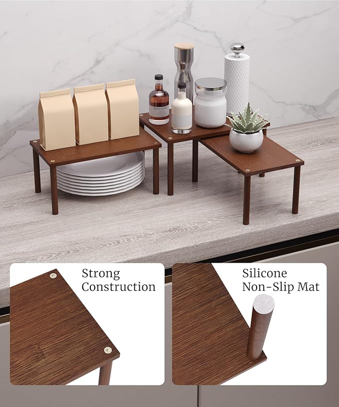 Cabinet Organizer Shelf(Set of 3),Bamboo Kitchen Counter Shelves for Countertop and Cabinet,Stackable Shelf Spice Racks,Medium(Brown)