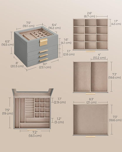 SONGMICS Jewelry Box Organizer with Glass Lid, 4-Layer Jewelry Storage, with 3 Drawers, Modern Style, 8 x 9.1 x 6.5 Inches, Dove Gray and Gold Color UJBC173G01