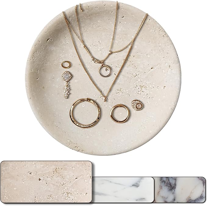 Amaauto Turkish Natural Travertine Jewelry Dish, 5.5" Marble Tray, Trinket Dish for Ring Earring, Gift for Woman (Beige Travertine)