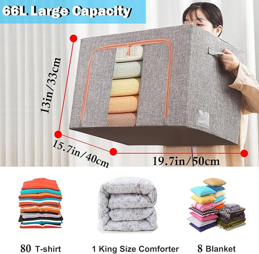 SWEERI Large Capacity Clothes Storage Bags,Stackable Storage Organizer with Foldable Metal Frame, 2-Way Zipper, Handles, Clear Window for Clothes, Bedding, Seasonal Storage (3Pack, 66L)
