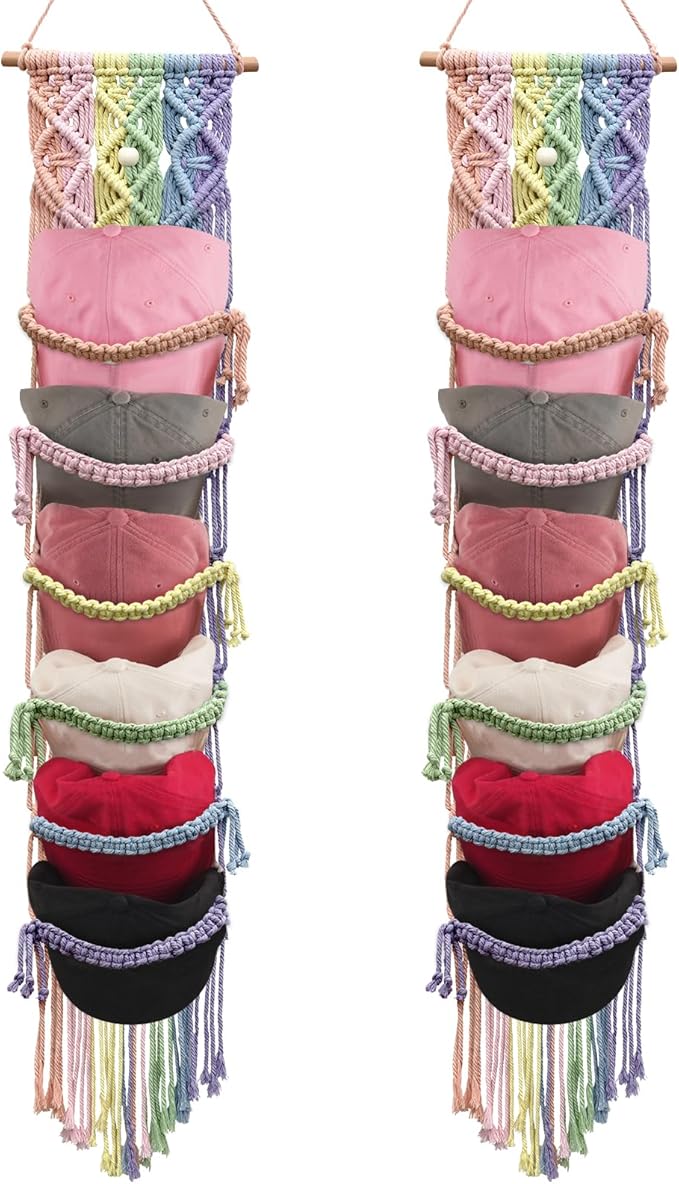 KaloKalo 2PCS Macrame Cap Holder Boho Hat Hangers Over Door Decorative Bohemian Handmade Ball Cap Rack Organizer Woven Wall Hanging for Baseball Cap Display Decorations (Rainbow, Up to 24 Caps)