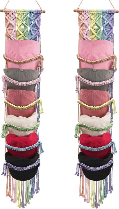 KaloKalo 2PCS Macrame Cap Holder Boho Hat Hangers Over Door Decorative Bohemian Handmade Ball Cap Rack Organizer Woven Wall Hanging for Baseball Cap Display Decorations (Rainbow, Up to 24 Caps)