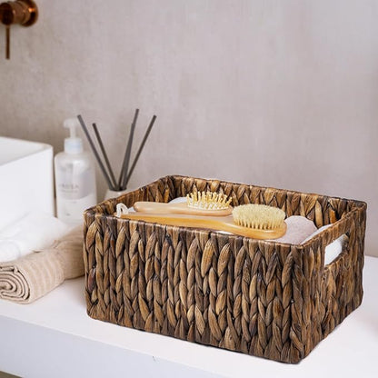 FairyHaus Wicker Basket with Handle 2Pack-15x11x7" & 13.4x9.5x6.5", Brown Water Hyacinth Wicker Baskets for Storage, Natural Hand Woven Baskets for Organizing