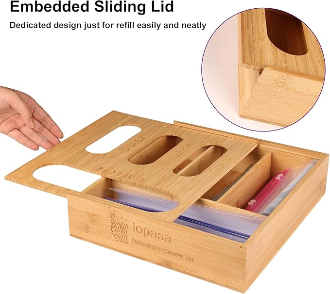 LOPASA Baggie Organizer for Drawer Compatible with Ziplock Food Storage Bag, Sandwich Bag Organization for Kitchen Drawer, Plastic Baggie Storage Box for Pantry(Bamboo)