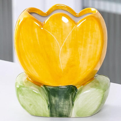 Pen Holder for Desk Tulips Vase Decor Aesthetic Cute Toothbrush Holder Pencil Holder for Office Makeup Brush Holder Yellow Kawaii Desk Accessories Home Decor Birthday Gifts for Women