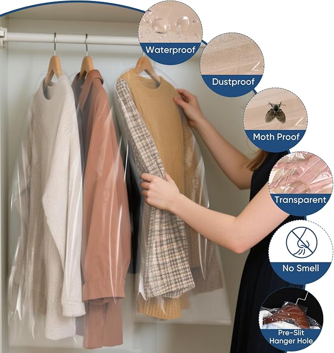 50 Pack 23.6"x55" Garment Bags for Hanging Clothes, Thick Clear Plastic Dry Cleaning Covers for Closet Storage & Travel
