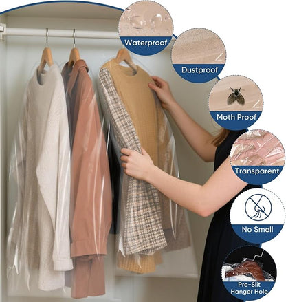 100 Pack 23.6"x70" Garment Bags for Hanging Clothes, Thick Clear Plastic Dry Cleaning Covers for Closet Storage & Travel