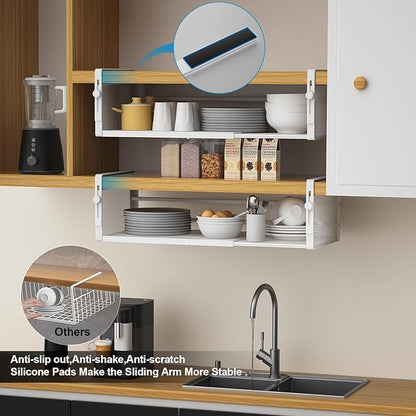 2Pack Under Shelf Basket, Adjustable Hanging Under Cabinet Shelf Storage, Hanging Holder Length Stretchable 14.9-22.6Inch for Kitchen Pantry Desk Counter Bookshelf Cupboard (White)