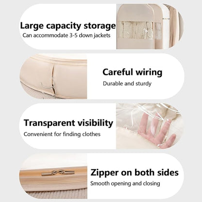 Space Saving Hanging Garment Bag with Self Compression Zipper，Dust Cover Clothes Bags for Down Coat,Dress,Suit，Closet Storage Organizer for Home Travel Use (Beige, M+L+XL)