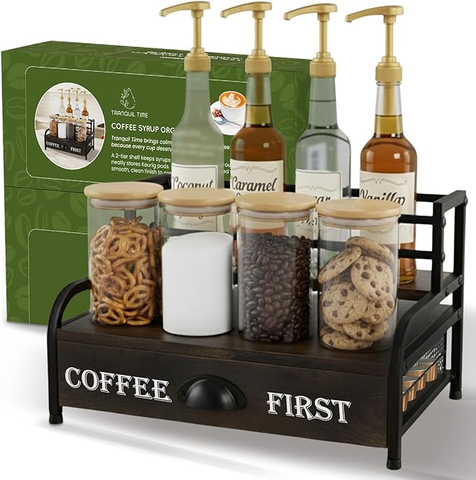 Coffee Syrup Rack Organizer – 3-Tier Coffee Bar Stand for Countertop, Rustic Wood & Metal Bottle Display Shelf with Coffee Pod Drawer, Wine Rack, Liquor Display Shelf for Home Coffee Station