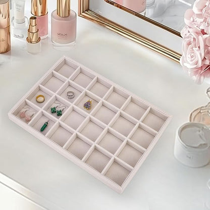 Mornajina 24 Grids Velvet Jewelry Tray Jewelry Display Tray, Stackable Empty Plate Trays for Earrings Necklaces Bracelet Rings Display Showcase - Beige