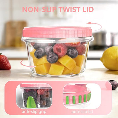 Slomg 10 Pack 16 oz Freezer Storage Containers with Pink Twist Top Lids, Small Plastic Food Storage Soup Meal Prep Containers, Leakproof Overnight Quart Containers for Lunch Leftover Fruit Salad Oat