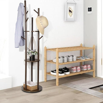 Wood Coat Rack with 3 Shelves and 9 Hooks, Freestanding Rotary Coat Tree for Entryway, Bedroom, Living Room, Hallway – Holds Jackets, Coats, Hats, Bags (Walnut)